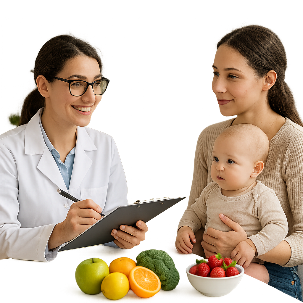 Une nutritionniste en cours de donner une consultation pour une maman pour l'alimentation de son bébé